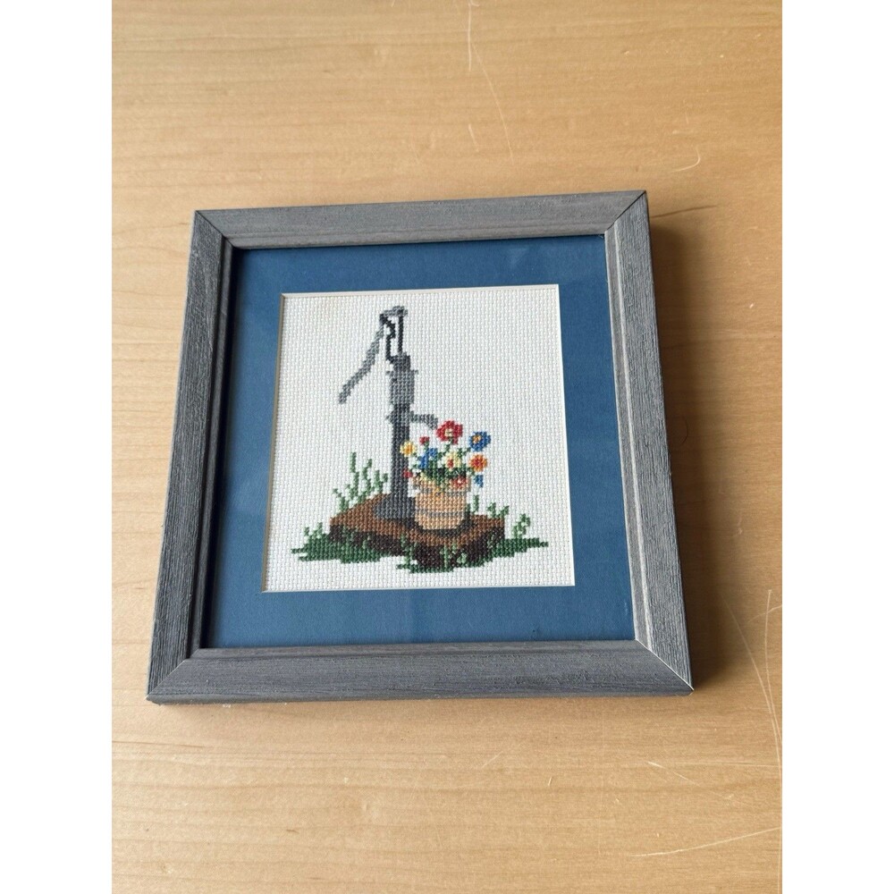 VTG Water Pump Well Flower Bucket Matted Framed Cross Stitch Farm Cottage Cntry